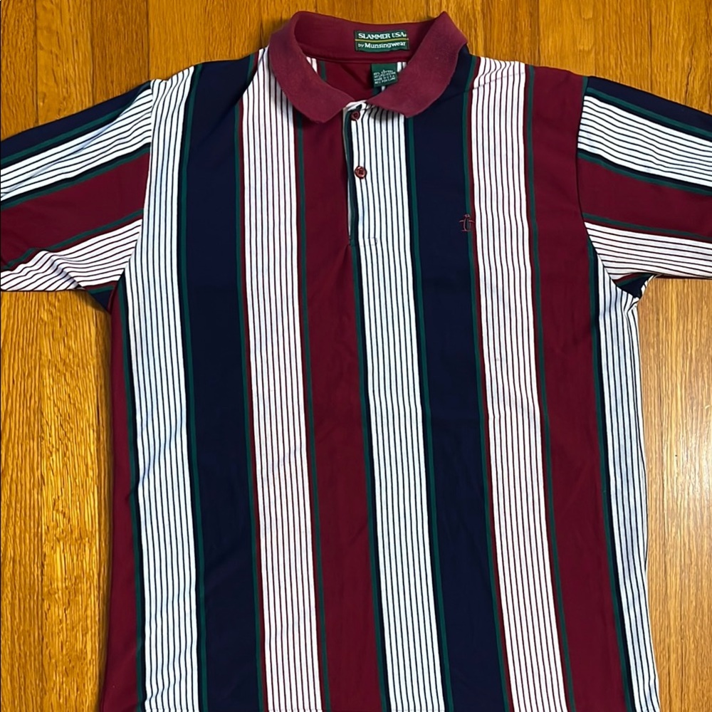 VTG Slammer USA by Munsignwear Burgundy and Navy Striped Polo Shirt